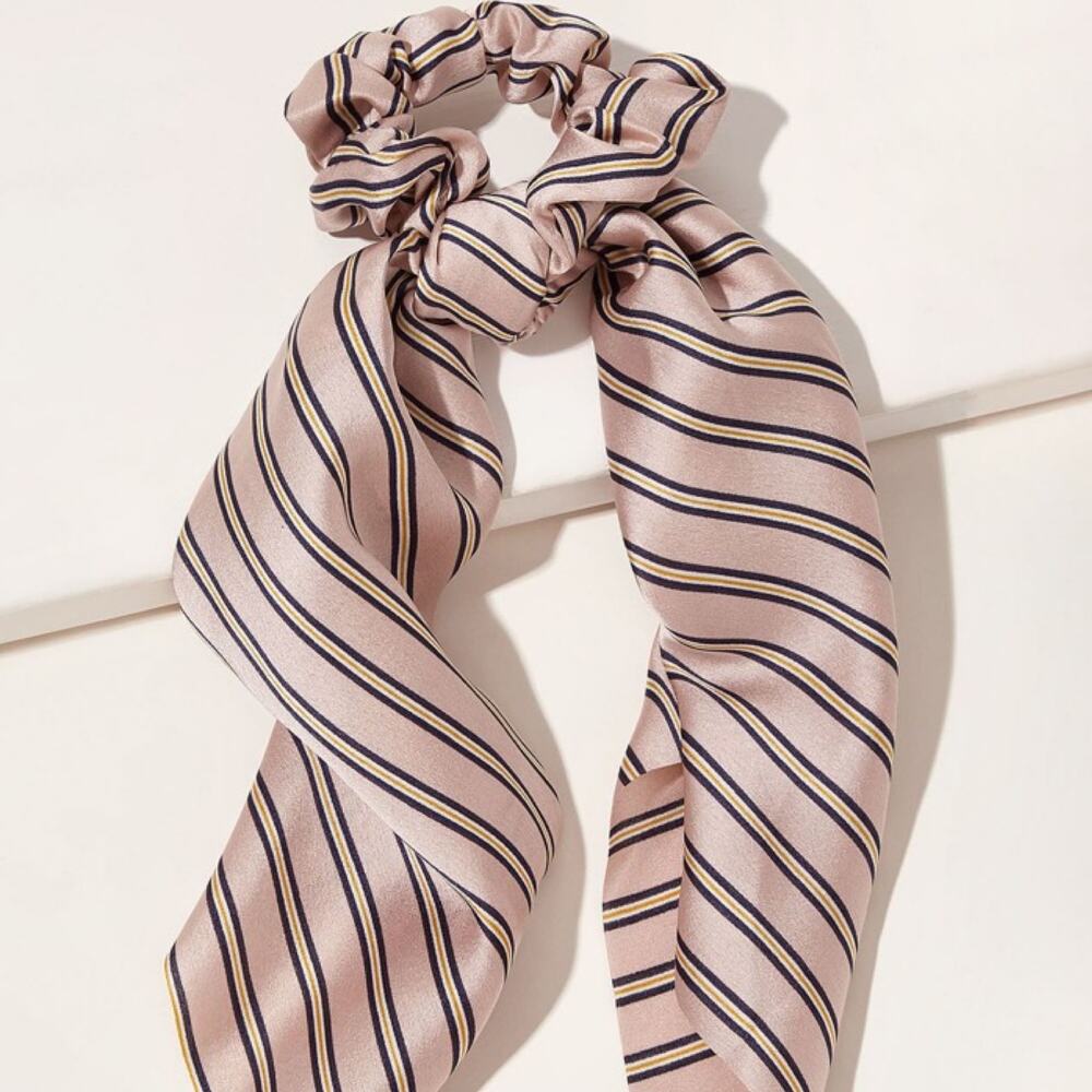 NEW Scrunchie Scarf Striped Pattern Satin Hair Tie Blush Bracelet Bow Accessory